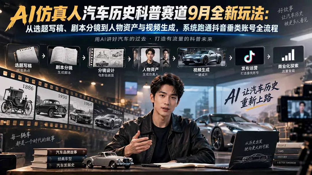【精】AI仿真人汽车历史科普赛道9月全新玩法:从选题写稿、剧本分镜到人物资产与视频生成,系统跑通抖音垂类账号全流程 【精】AI仿真人汽车历史科普赛道9月全新玩法:从选题写稿、剧本分镜到人物资产与视频生成,系统跑通抖音垂类账号全流程