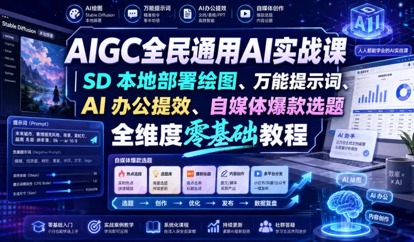 【精】AIGC全民通用AI实战课|SD本地部署绘图、万能提示词、AI办公提效、自媒体爆款选题全维度零基础教程 【精】AIGC全民通用AI实战课|SD本地部署绘图、万能提示词、AI办公提效、自媒体爆款选题全维度零基础教程