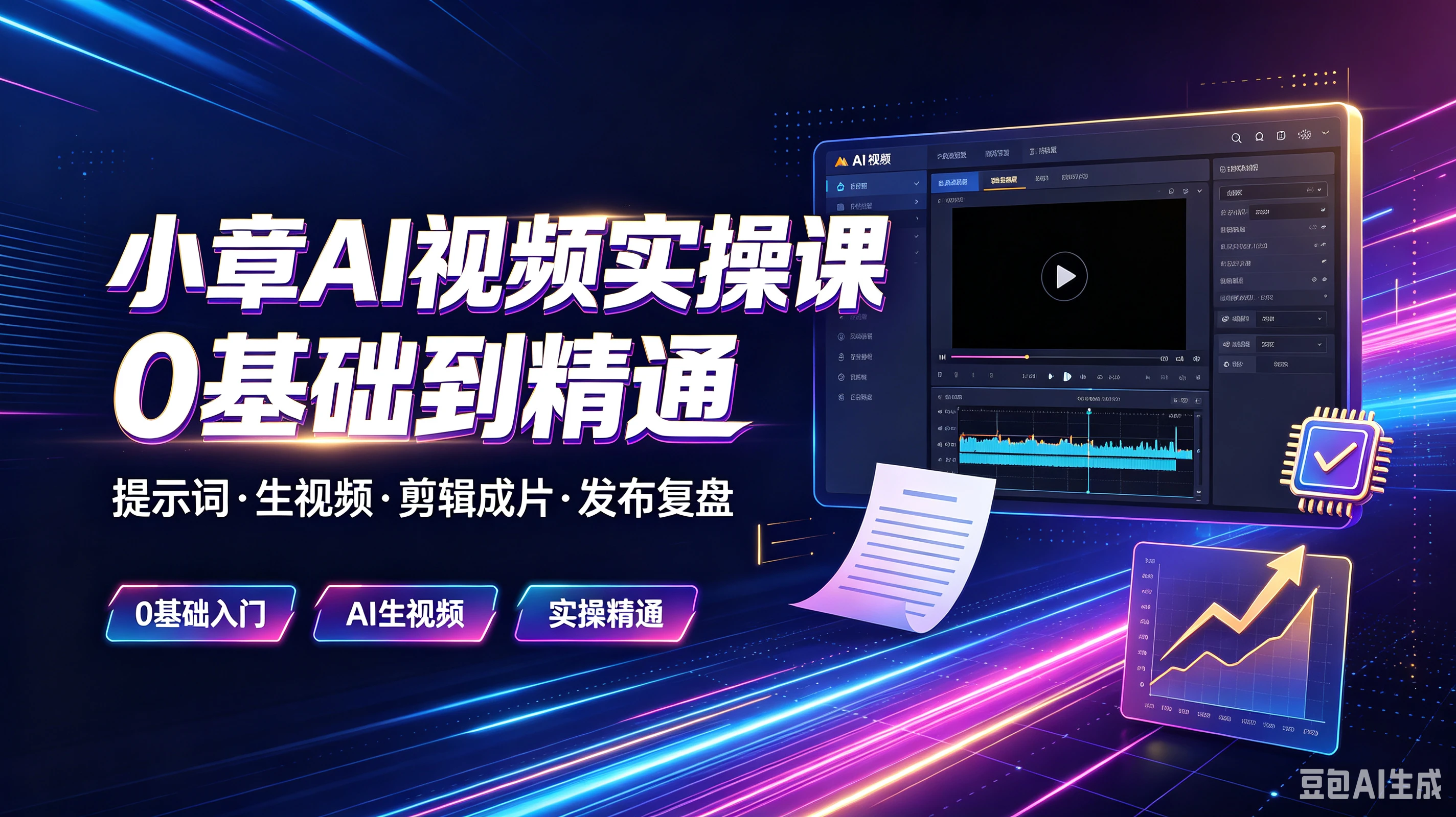 【精】小章AI视频实操课O基础到精通,提示词·生视频·剪辑成片·发布复盘,0基础入门、Al生视频、实操精通