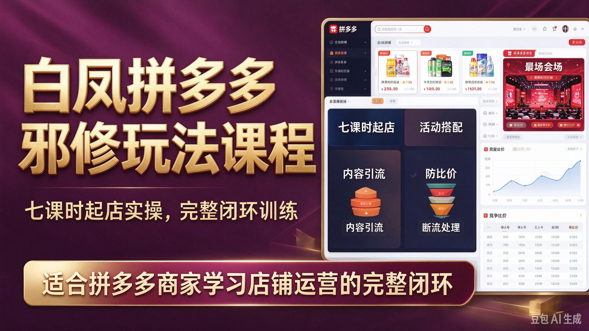 白凤拼多多邪修玩法课程，带你学习七课时起店实操、活动搭配与内容引流方法，掌握防比价与断流处理技巧，适合拼多多商家学习店铺运营的完整闭环