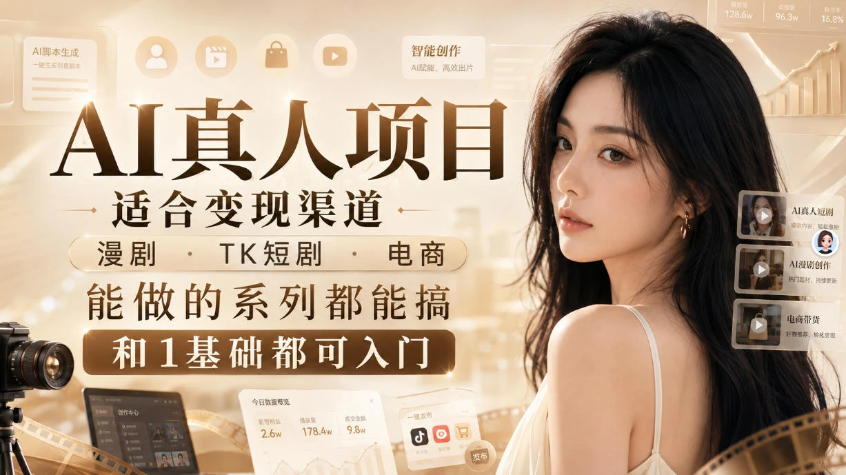 【精】AI真人项目，适合变现渠道，漫剧，TK短剧，电商，能做的系列都能搞，0和1基础都可入门