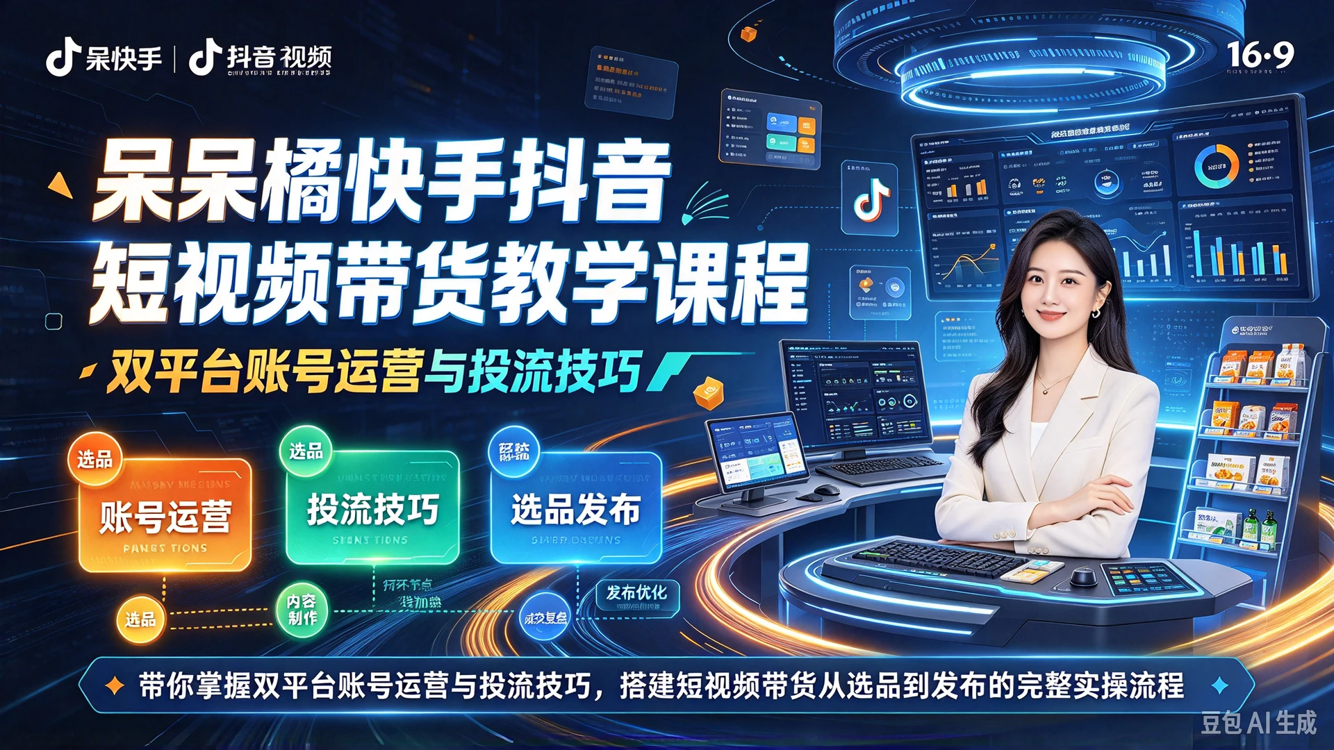 【精】呆呆橘快手抖音短视频带货教学课程，带你掌握双平台账号运营与投流技巧，搭建短视频带货从选品到发布的完整实操流程