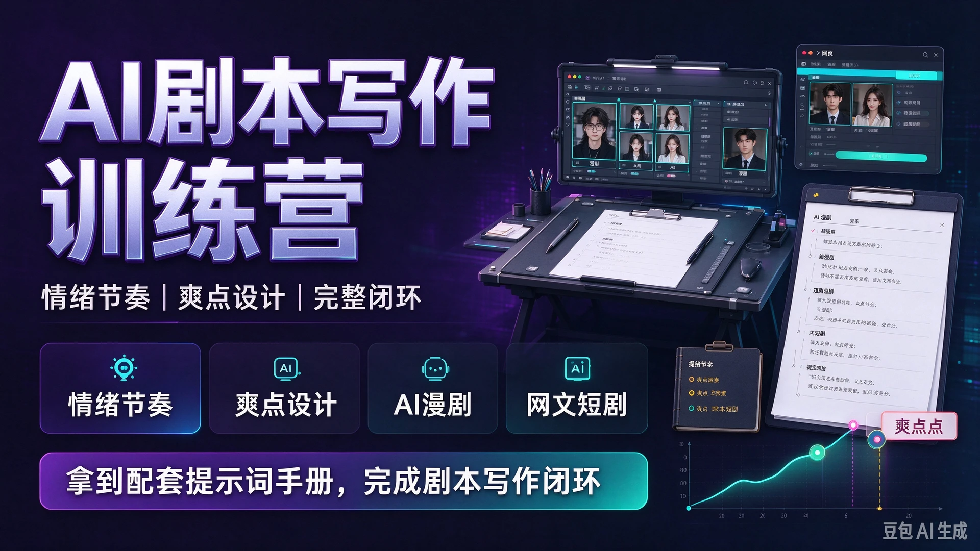 【精】AI剧本写作训练营，带你学习剧本情绪节奏与爽点设计，掌握AI漫剧、网文与短剧创作方法，拿到配套提示词手册完成剧本写作闭环