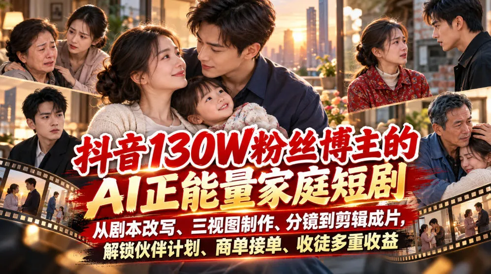 【精】抖音130W粉丝博主的AI正能量家庭短剧,从剧本改写、三视图制作、分镜到剪辑成片,解锁伙伴计划、商单接单、收徒多重收益