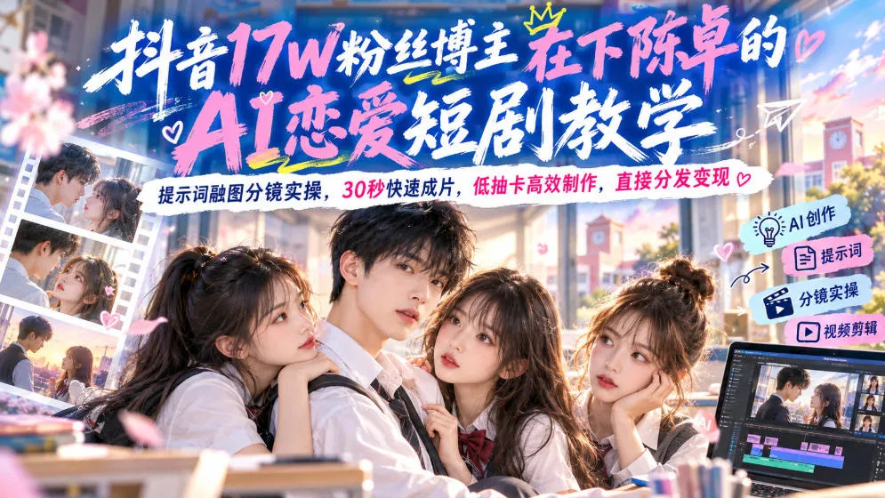 【精】抖音17W粉丝博主在下陈卓的AI恋爱短剧教学,提示词融图分镜实操,30秒快速成片,低抽卡高效制作,直接分发变现 【精】抖音17W粉丝博主在下陈卓的AI恋爱短剧教学,提示词融图分镜实操,30秒快速成片,低抽卡高效制作,直接分发变现
