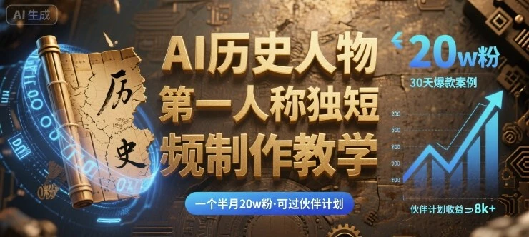 【精】最新AI历史人物第一人称独白短视频制作教学，一个半月20w粉，可过伙伴计划
