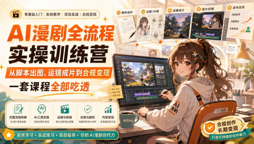 【精】青云AI漫剧实操课，AI漫剧全流程实操训练营，从脚本出图、运镜成片到合规变现，一套课程全部吃透