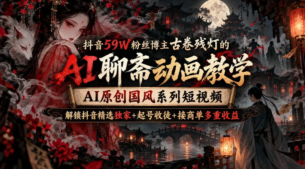 【精】抖音59W粉丝博主古卷残灯的AI聊斋动画教学,AI原创国风系列短视频,解锁抖音精选独家+起号收徒+接商单多重收益