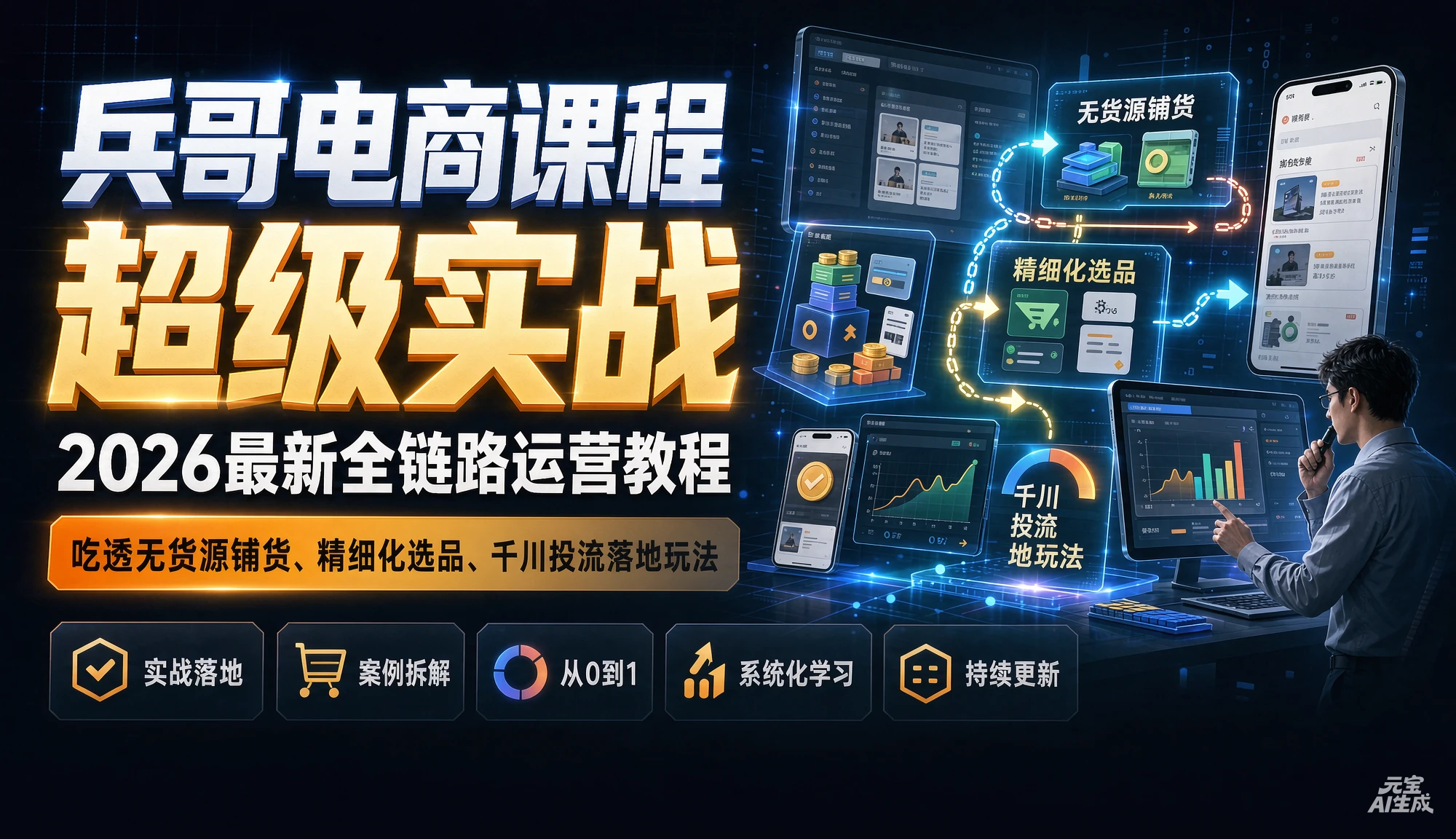 【精】兵哥电商课程超级实战,2026最新全链路运营教程,吃透无货源铺货、精细化选品、千川投流落地玩法
