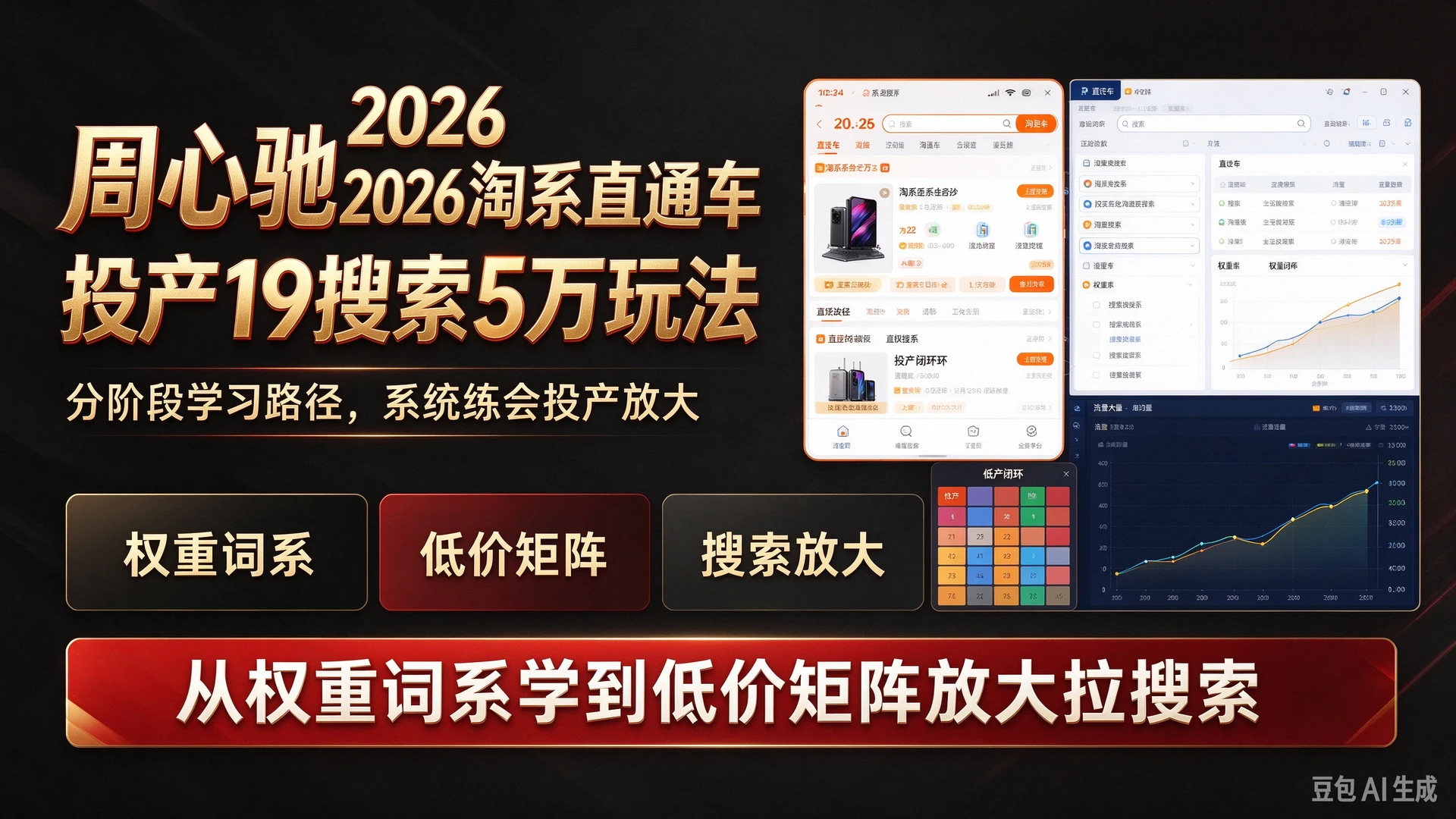 【精】周心驰2026淘系直通车投产19搜索5万玩法，规划分阶段学习路径，从权重词系学到低价矩阵放大拉搜索