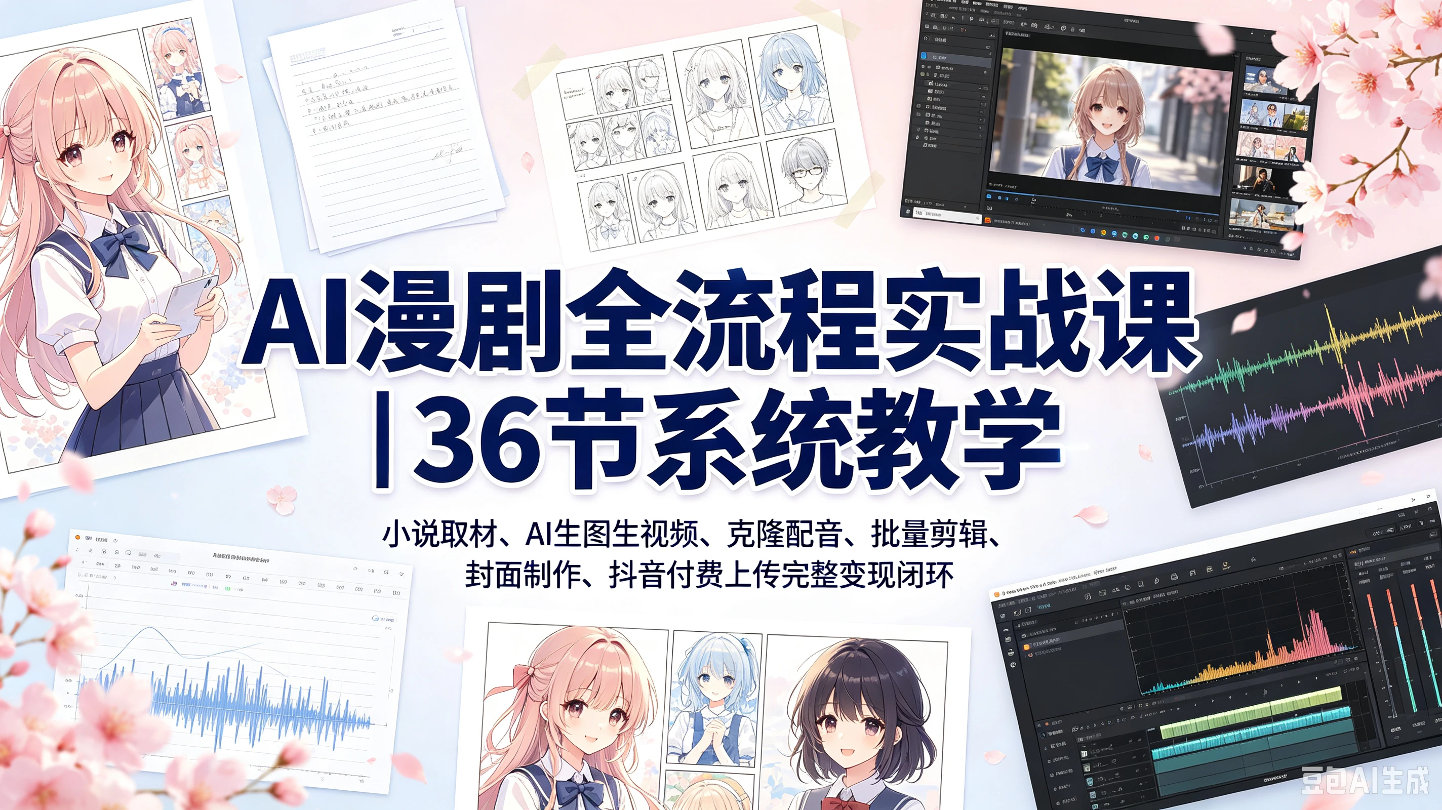 AI漫剧全流程实战课｜36节系统教学，小说取材、AI生图生视频、克隆配音、批量剪辑、封面制作、抖音付费上传完整变现闭环