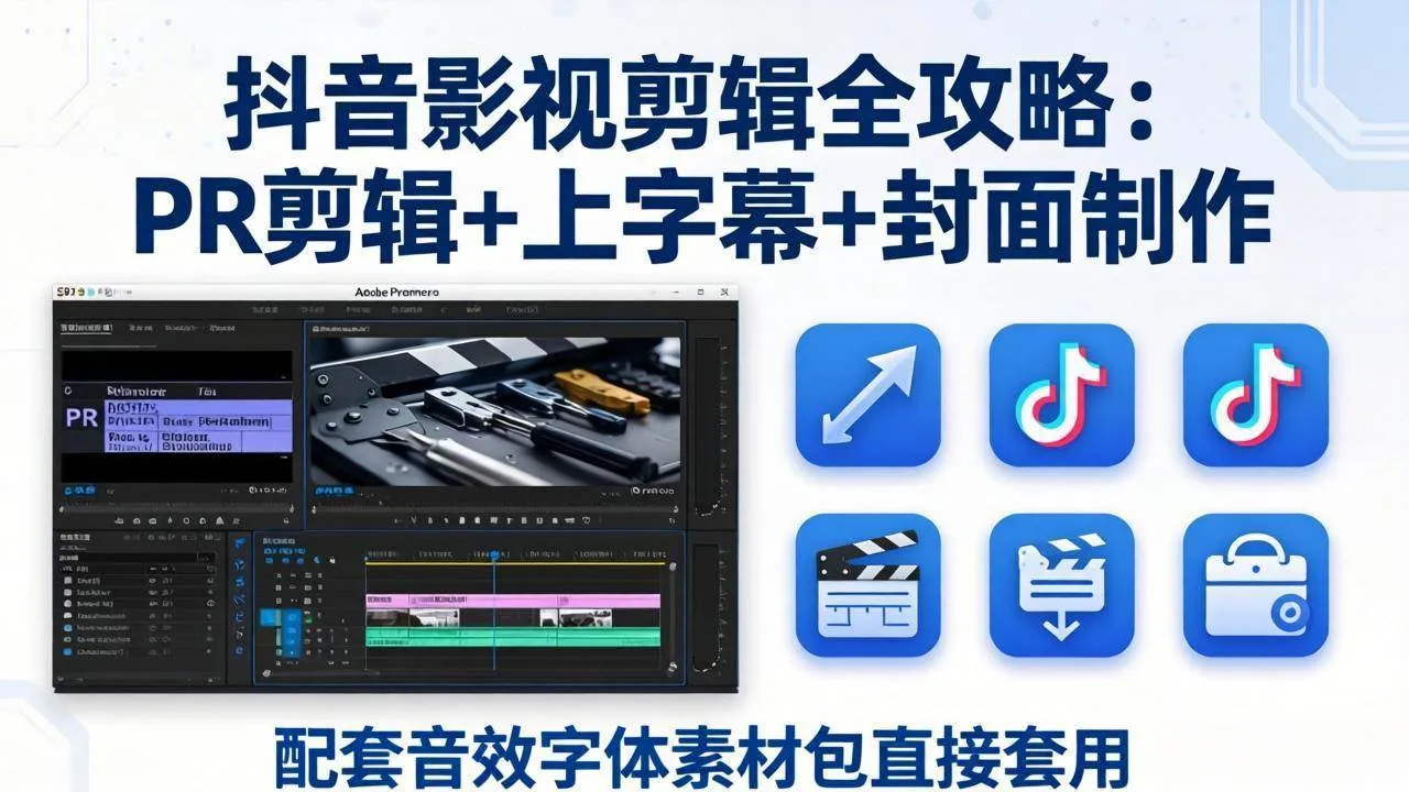 【精】抖音影视剪辑全攻略：PR剪辑+上字幕+封面制作，配套音效字体素材包直接套用