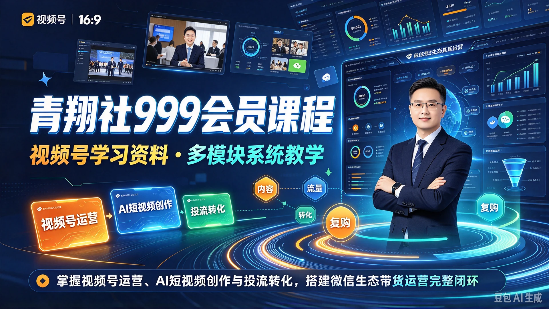 【精】青翔社999会员课程视频号学习资料,多模块系统教学,掌握视频号运营、AI短视频创作与投流转化,搭建微信生态带货运营完整闭环
