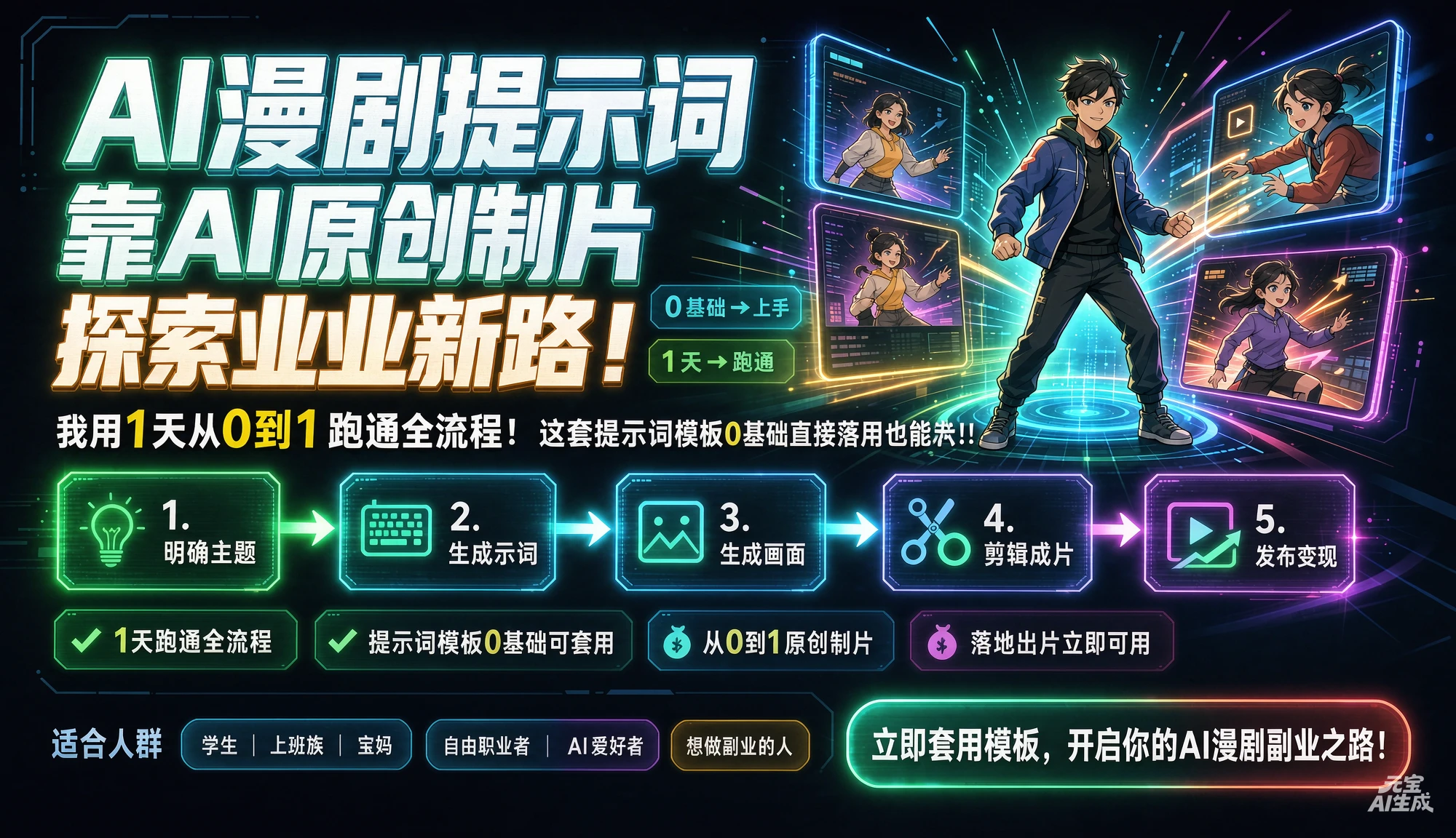 【精】AI漫剧.提示词靠AI原创制片探索副业新路！我用1天从0到1跑通全流程，这套提示词模板0基础直接套用也能落地出片！！