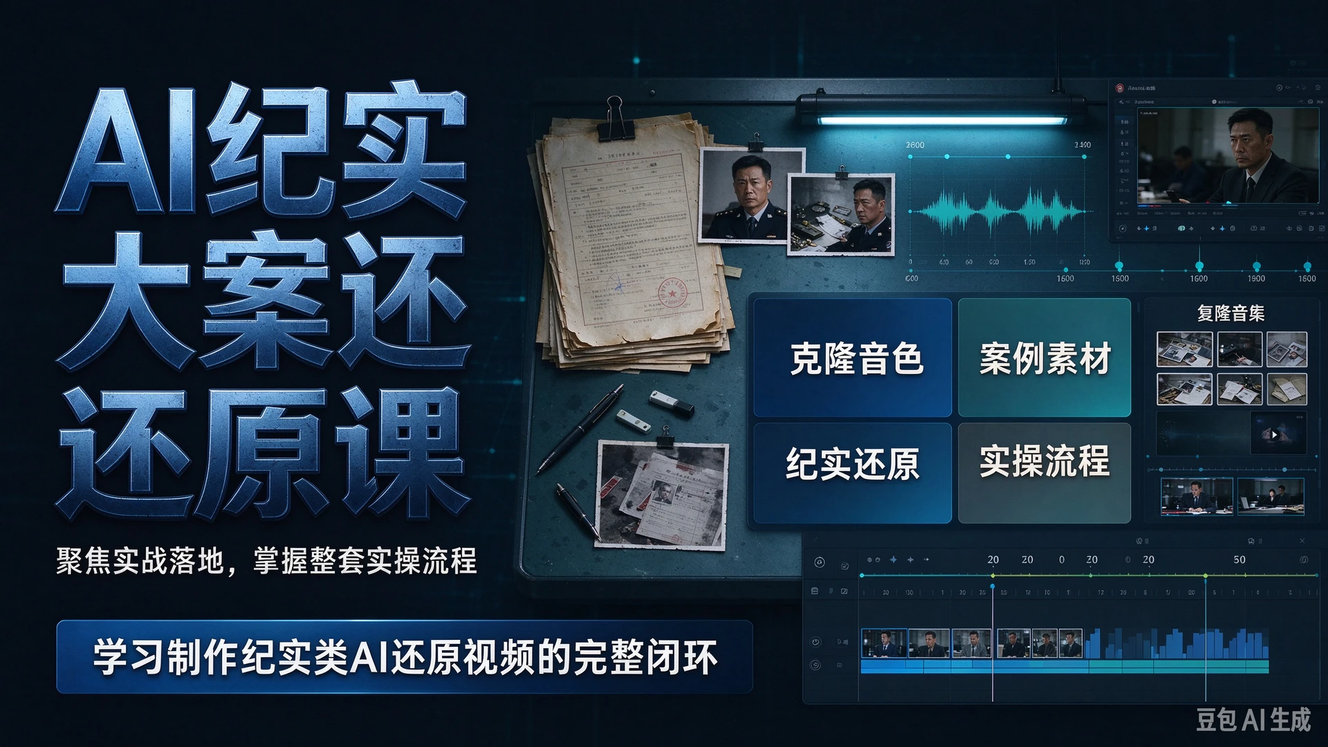 AI纪实大案还原课聚焦实战落地，依托克隆音色与案例素材，学习制作纪实类AI还原视频的整套实操流程