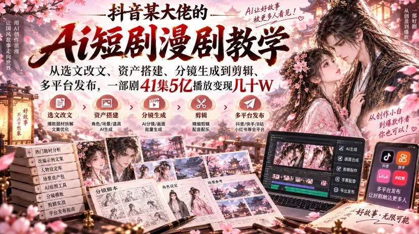 【精】抖音某大佬的Ai短剧漫剧教学,从选文改文、资产搭建、分镜生成到剪辑、多平台发布,一部剧41集5亿播放变现几十W