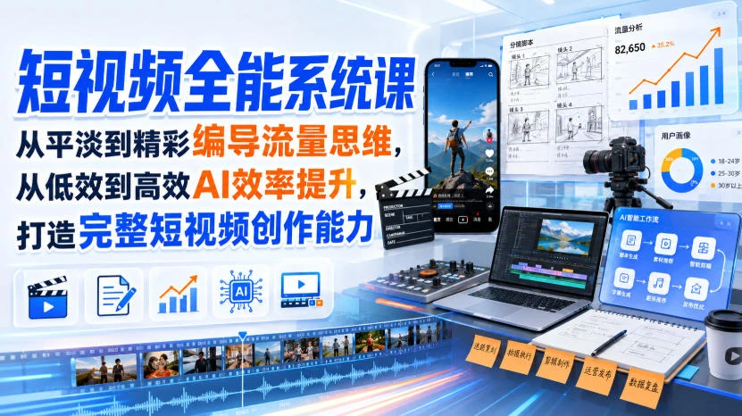 【精】短视频全能系统课,从平淡到精彩编导流量思维,从低效到高效AI效率提升,打造完整短视频创作能力(完整版) 【精】短视频全能系统课,从平淡到精彩编导流量思维,从低效到高效AI效率提升,打造完整短视频创作能力(完整版)
